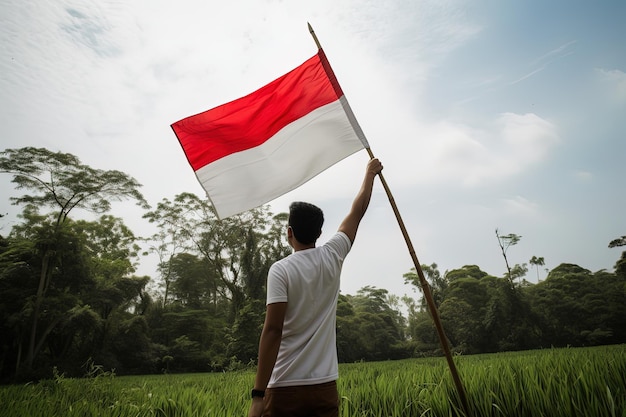 Ein Mann hält eine rot-weiße indonesische Flagge auf einem üppig grünen Reisfeld