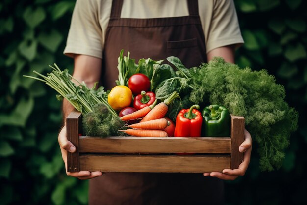 Ein Mann hält eine Schachtel mit frischem Gemüse aus dem Garten und kauft oder verkauft frisches Gemüse.