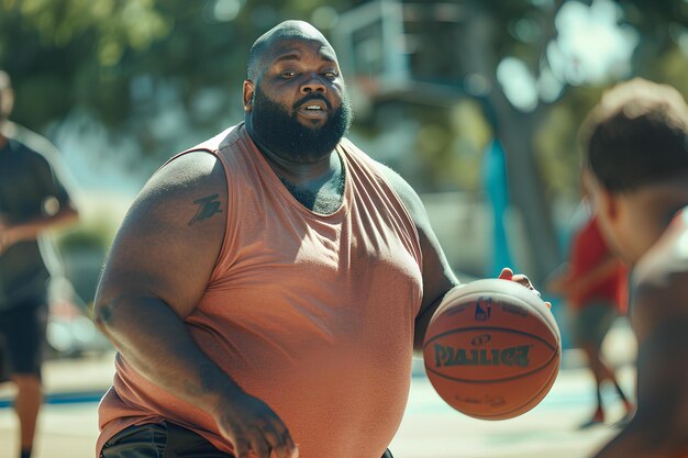 Ein Mann hält einen Basketball in der rechten Hand und einen Ball in der linken Hand vor anderen Männern