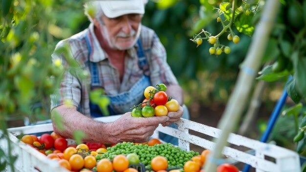 Ein Mann hält einen bunten Tomatenstamm in seinen Händen