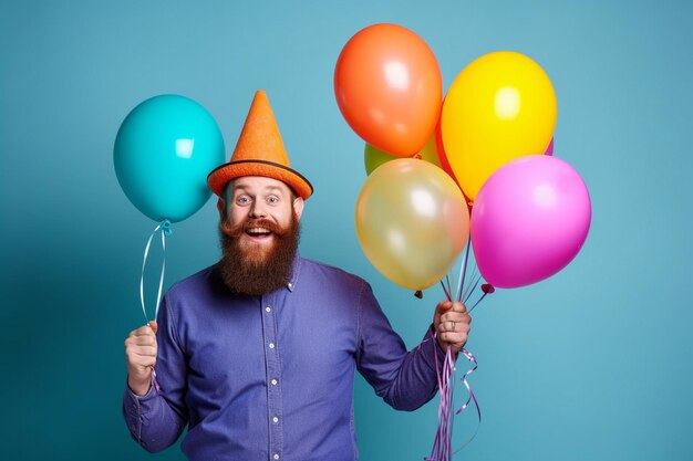 ein Mann hält einen Haufen Ballons