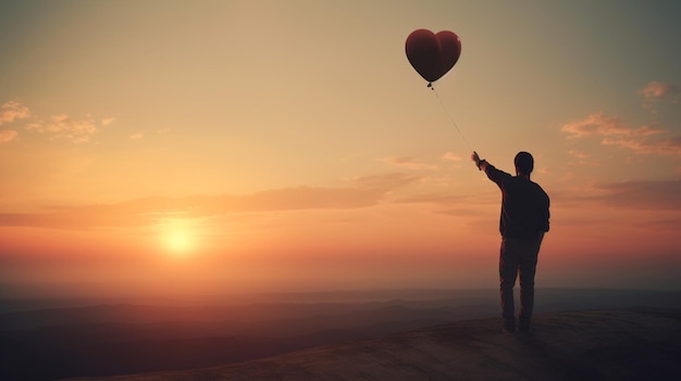 Ein Mann hält einen herzförmigen Ballon mit dem Wort Liebe darauf.