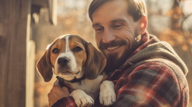 Ein Mann hält einen Hund im Arm