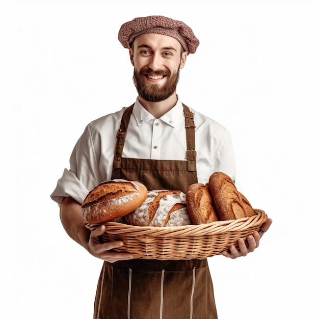 Ein Mann hält einen Korb mit Brot und einen Korb mit Brot.