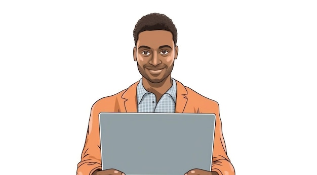 Ein Mann hält einen Laptop mit der Aufschrift „Laptop“ in der Hand