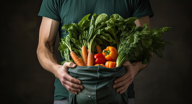 ein Mann hält einen Lebensmittelbeutel, der mit Gemüse im Stil von hellem Indigo und Orange gefüllt ist