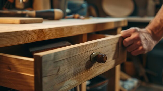 Ein Mann hält einen Schubladengriff vor einem Holztisch