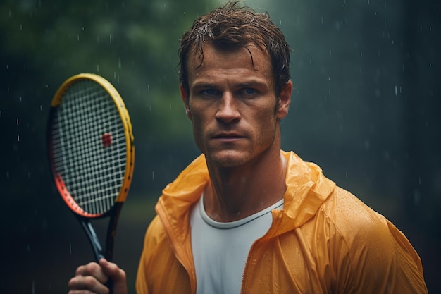 Ein Mann hält einen Tennisschläger im Regen