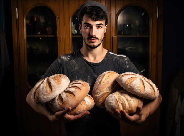 Foto ein mann hält mehrere brote mit frisch gebackenem sauerteigbrot bäcker in arbeitskleidung, erstellt mit generativer ki-technologie