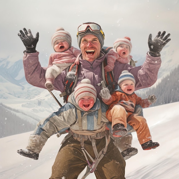 ein Mann hält zwei Babys im Schnee mit den Worten " glückliche Familie " auf der Unterseite.