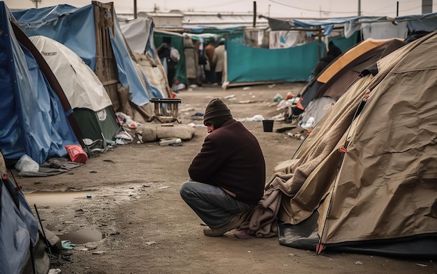 Ein Mann hockt vor einem Zelt, auf dem „Lager Nr. 1“ steht.