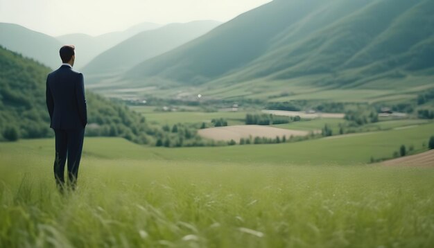 Ein Mann im Anzug bewundert eine jungfräuliche Naturlandschaft, die unbebaut und ungenutzt ist.