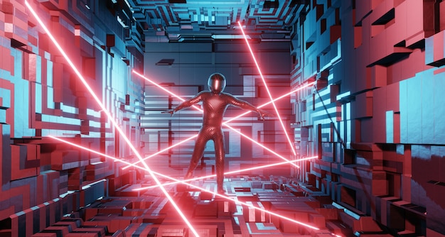 Ein Mann im Anzug eines Motorradfahrers, ein Astronaut in einem Science-Fiction-Interieur geht per Laserschutz