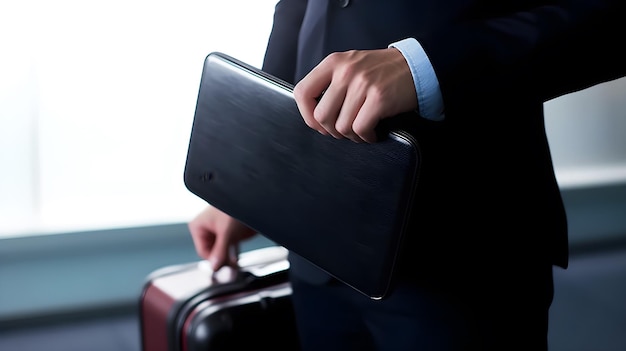 Ein Mann im Anzug hält einen Koffer mit rotem Griff.
