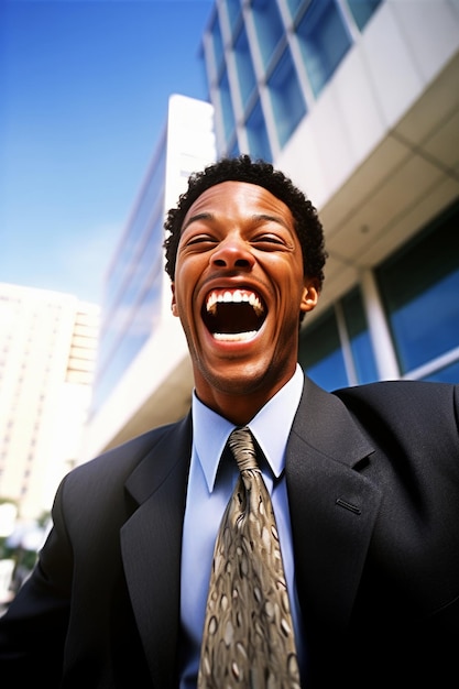 Ein Mann im Anzug mit einem breiten Lächeln und einem blauen Hemd sagt, dass er lacht.