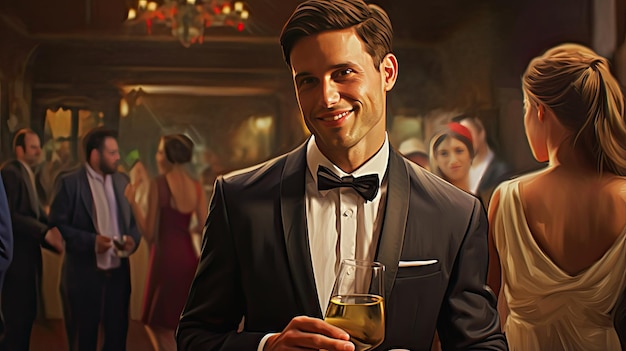 Ein Mann im Anzug mit einem Drink in der Hand.