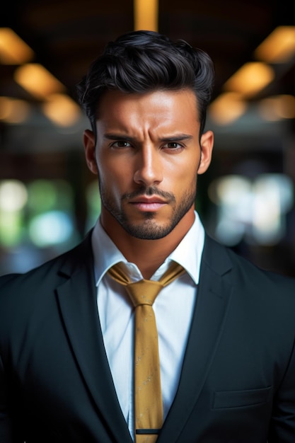 Ein Mann im Anzug mit gelber Krawatte