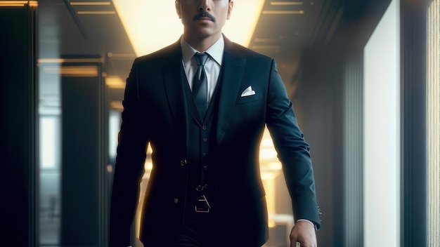 Ein Mann im Anzug mit Schnurrbart steht in einem dunklen Raum.