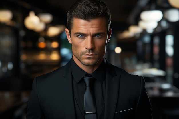 Ein Mann im Anzug mit schwarzer Krawatte
