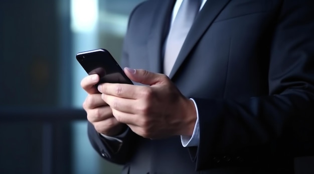 Ein Mann im Anzug schreibt eine SMS auf sein Handy