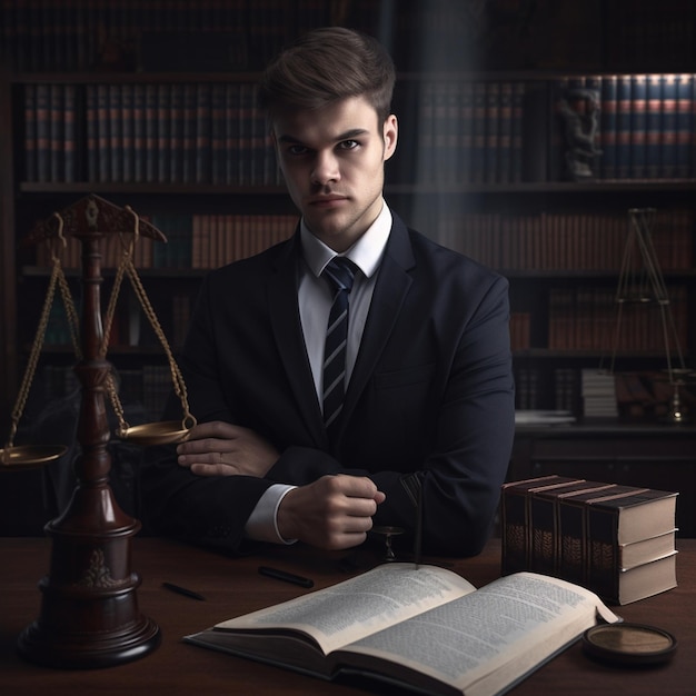 Ein Mann im Anzug sitzt an einem Schreibtisch mit einem Buch und einem Gesetzbuch.
