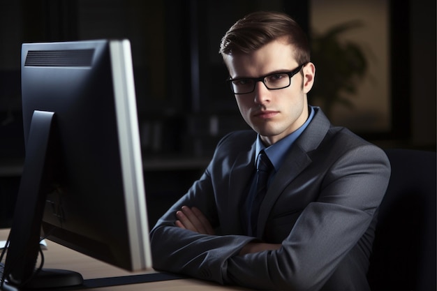 Ein Mann im Anzug sitzt in einem dunklen Raum an einem Computer.