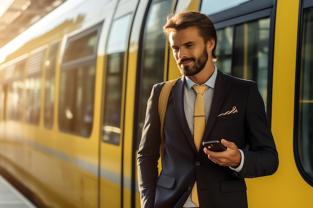 Ein Mann im Anzug steht neben einem Zug und schaut auf sein Handy