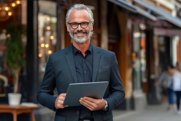 Ein Mann im Anzug steht vor einem Restaurant und hält ein Tablet in der Hand