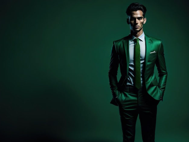Ein Mann im grünen Anzug steht vor grünem Hintergrund.