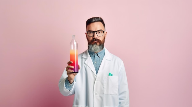 Ein Mann im Laborkittel hält eine Flasche mit Flüssigkeit in der Hand.