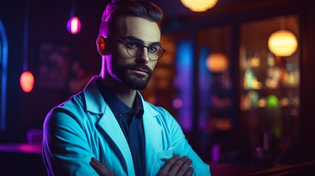 Ein Mann im Laborkittel steht in einer Bar mit Neonlicht hinter sich.