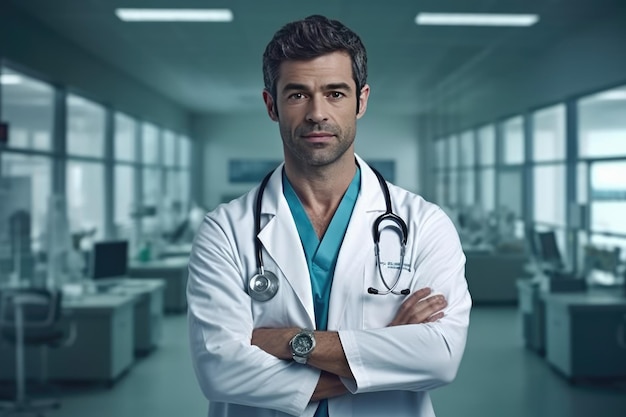 Ein Mann im Laborkittel und mit einem Stethoskop am Hals steht in einem Krankenzimmer.
