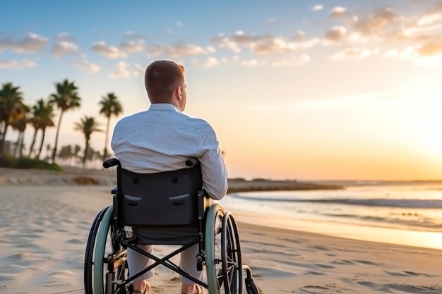 Foto ein mann im rollstuhl beobachtet den sonnenuntergang