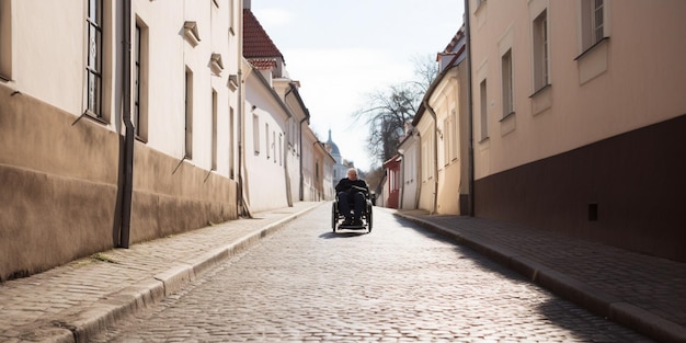 Ein Mann im Rollstuhl fährt eine Kopfsteinpflasterstraße in der Stadt Viborg entlang.