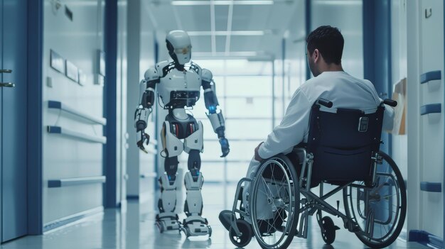 Foto ein mann im rollstuhl geht neben einem roboter im flur