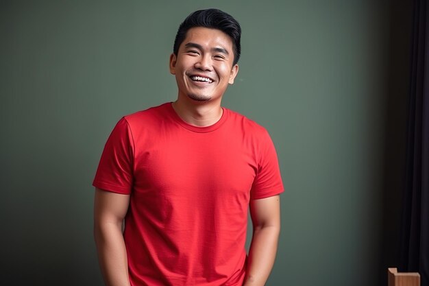Ein Mann im roten Hemd lächelt vor einer grünen Wand.