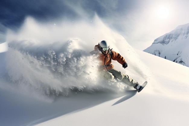 Foto ein mann im schneeanzug fährt mit dem snowboard einen berg hinunter.