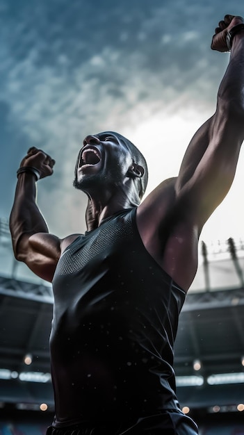 Ein Mann im schwarzen Tanktop steht mit erhobenen Armen vor einem Stadion