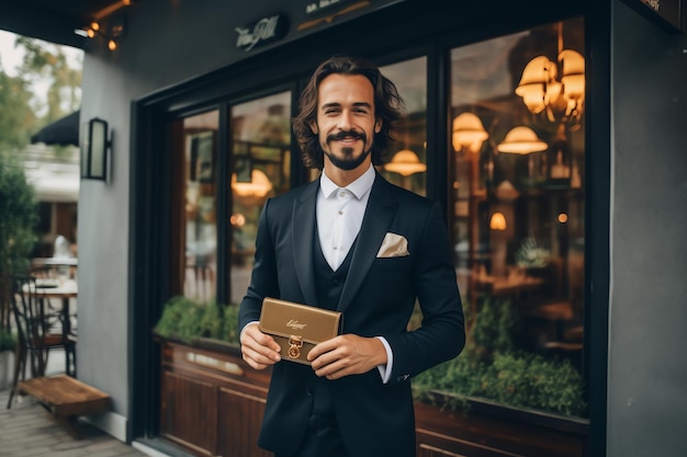 Ein Mann im Smoking steht vor einem Restaurant und hält eine Brieftasche in der Hand