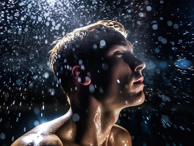 ein Mann im Wasser mit geschlossenen Augen