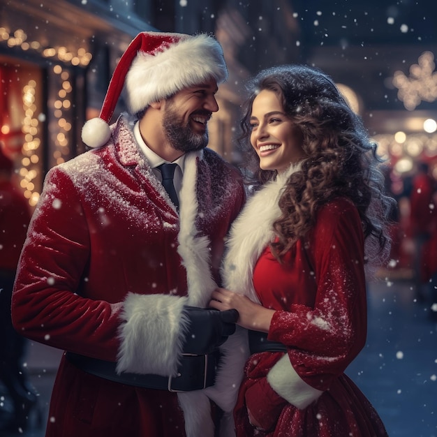 Ein Mann im Weihnachtsmannkostüm und eine schöne Frau im roten Kleid schauen einander an und lächeln