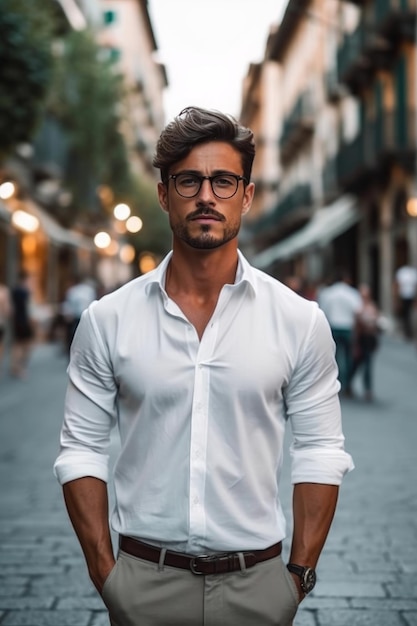 Ein Mann im weißen Hemd steht mit Brille auf der Straße.
