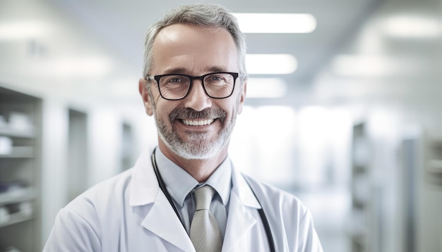Ein Mann im weißen Kittel mit Brille und Stethoskop steht auf dem Flur eines Krankenhauses.