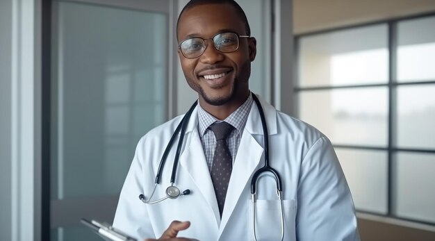 Ein Mann im weißen Laborkittel steht in einem Krankenzimmer und lächelt in die Kamera.