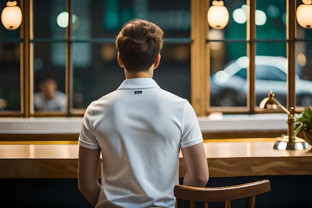 Ein Mann im weißen Poloshirt blickt aus dem Fenster an einen Tisch.