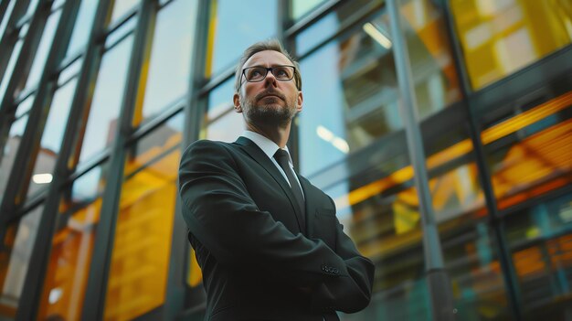 Ein Mann in Anzug und Brille steht vor einem modernen Bürogebäude und schaut mit einem selbstbewussten Gesichtsausdruck auf das Gebäude.