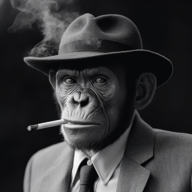 Ein Mann in Anzug und Hut, der eine Zigarette raucht, generatives KI-Bild