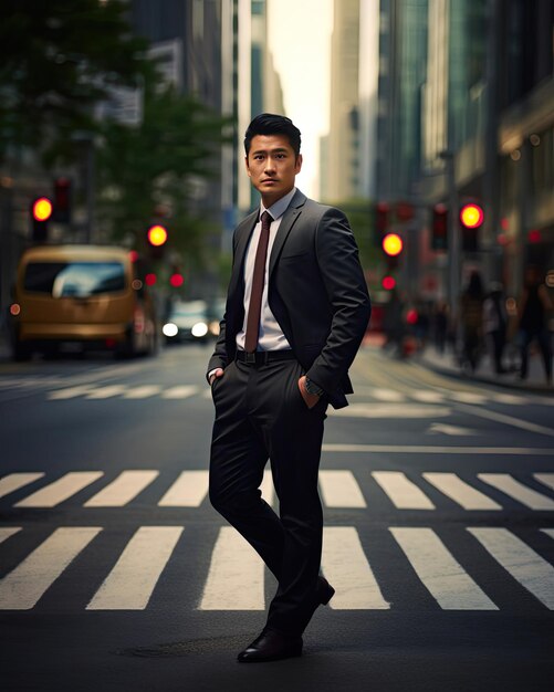 Ein Mann in Anzug und Krawatte geht über eine Straße.