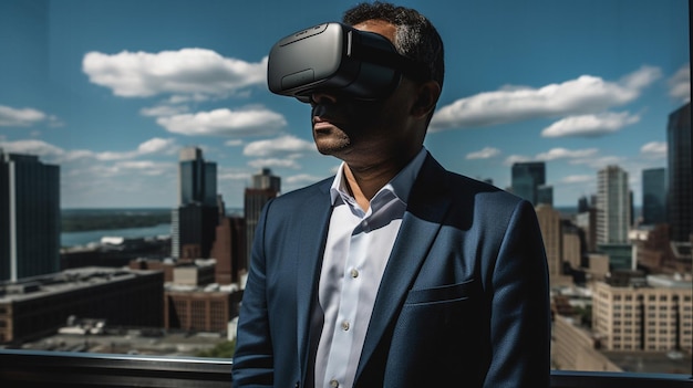Ein Mann in Anzug und Virtual-Reality-Brille steht vor der Skyline einer Stadt.