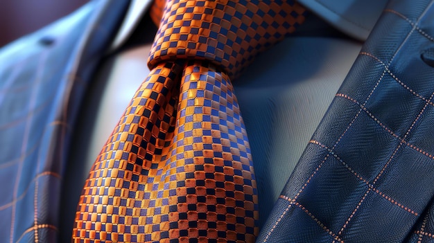 Foto ein mann in blauem anzug und krawatte die krawatte ist orange und hat ein kariertes muster das hemd des mannes ist weiß und sein haar ist dunkel